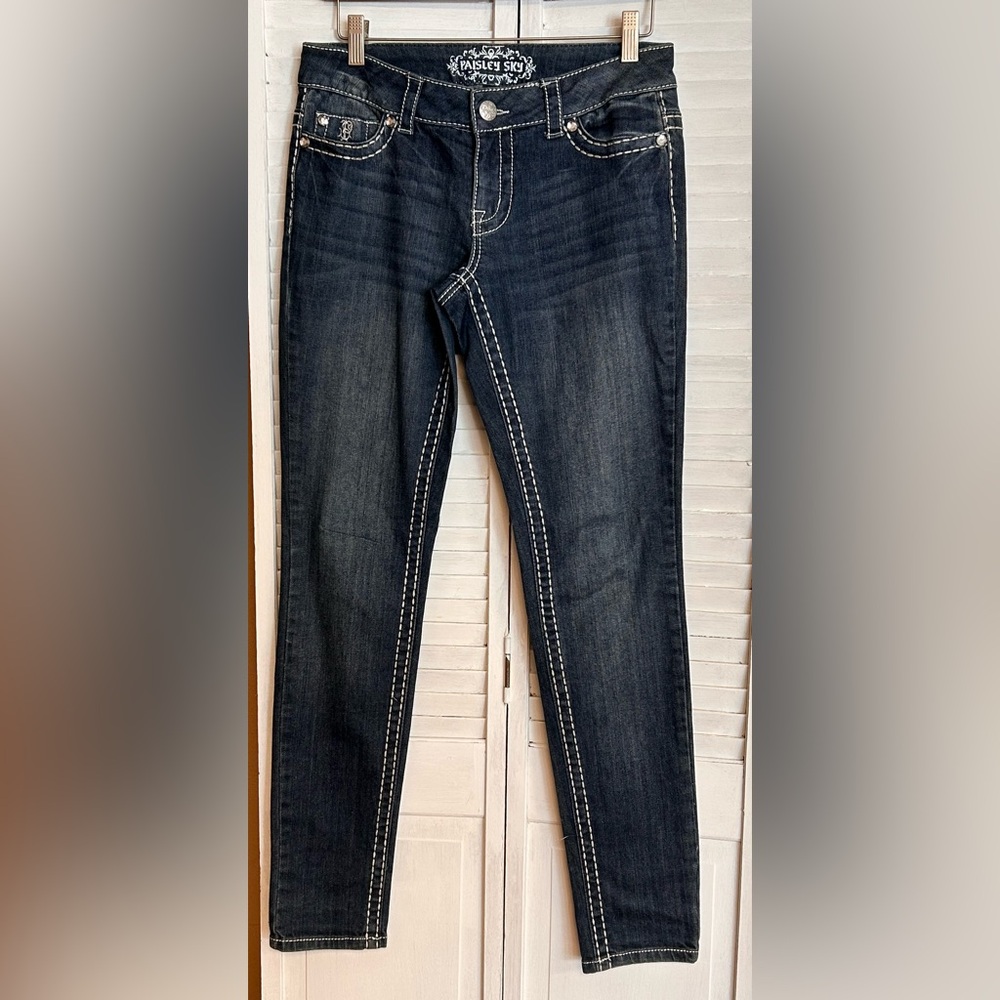 Paisley Sky Womens Size 4 skinny low rise studded embroidered dark blue jeans